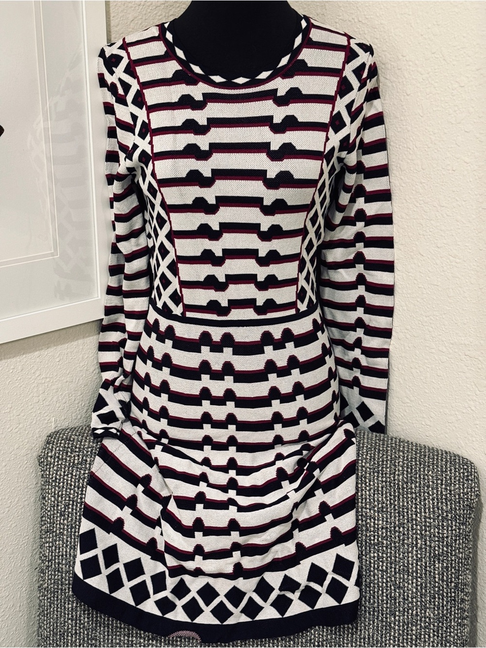 Eliza J Striped Geometric Knit Long-Sleeve Dress in Black, White & Burgundy M